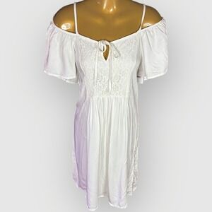 JustFab White Off Shoulder Lace Mini Dress S Tie Waist Summer NWT